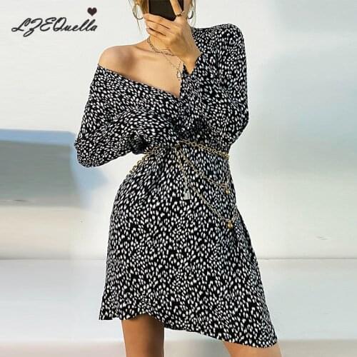 LZEQuella Polka Dot Print Long Long Sleeve Sexy V Neck Mini Dress Spring Summer Women Party Elegant Streetwear Outfits NZ3453