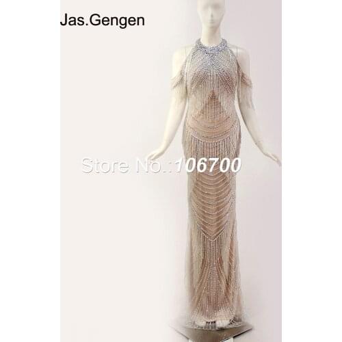 2018 Heavy Beading Shining Tassel Evening Dress Robe De Soiree Halter Off Shoulder Elegant Prom Gown 1163