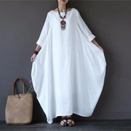 2018 Autumn Plus Size Dresses Women 4xl 5xl Loose large size Dress O-neck White Boho Dress Long Sleeve Maxi Robe new
