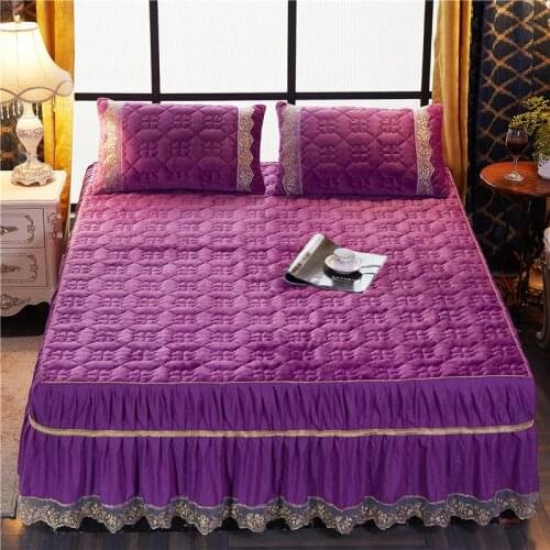 2020 new Thickened flannel Quilted embroidery Bed spread Fitted Sheet Pillowcases 2/3 pcs Pleated lace princess bedding
