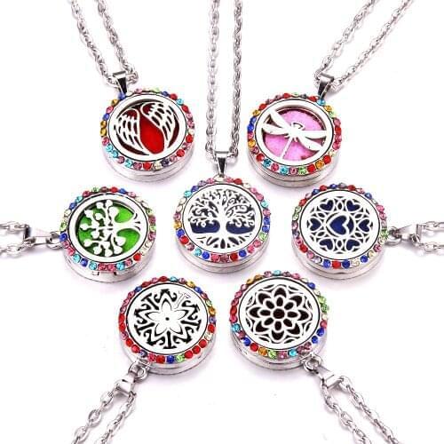 Colored Zircon Aroma locket Necklace Magnetic Stainless Steel Aromatherapy Essential Oil Diffuser Perfume Locket Pendant Jewelry