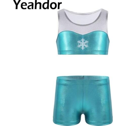2PCS Kids Girls Tankini Outfit Sleeveless Shiny Snowflake Embroidery Tank Top with Bottoms Ballet Dance Gym Workout Athletic Set
