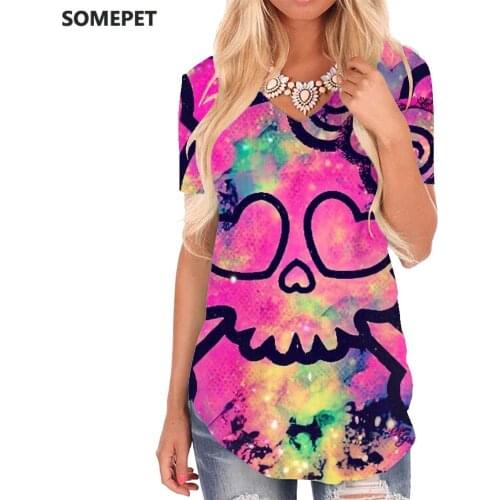 SOMEPET Skull T Shirt Women Skeleton V-neck Tshirt Kawaii Tshirts Printed Colorful Funny T shirts Graffiti T-shirts 3d