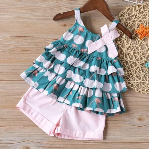 Cute Baby Girl Clothes Set 2020 Summer New Fashion Sling Cherry Print T-shirt + Pocket Shorts Two-piece Childrens Clothes Set