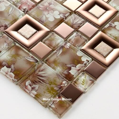 European style Stainless Steel Gold Flower Crystal Glass Mosaic Tile, Bathroom Fireplace Waist Porch wall stickers wallpaper