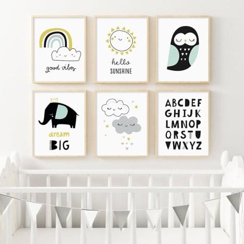 Cartoon Sunshine Rainbow Cloud Alphabet Nursery Wall Art Canvas Painting Poster Baby Bedroom Living Room Decoration Home Decor