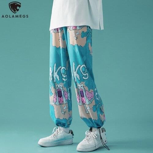 Aolamegs Loose Pants Men Hip Hop Sweatpants Funny Cat Letter Print Sport Trouser Couple High Street Harajuku Streetwear Big Size