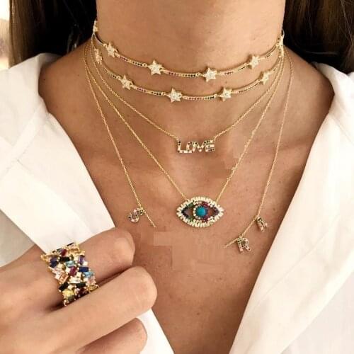 2021 New fashion rainbow color cute star cz bar link chain choker necklaces for women geometric charm delicate Christmas gift