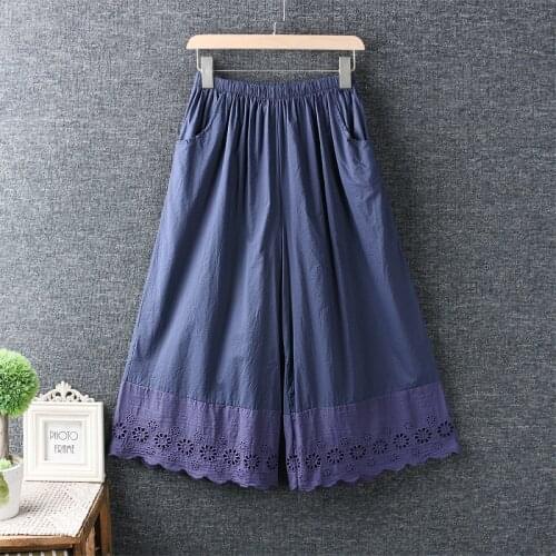 New Summer Literary Fresh Elastic Waist Lace Embroidery Wide leg Pants Womens Cotton Loose Cropped Trousers