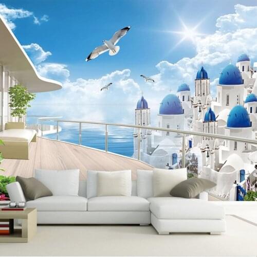 Custom 3D Mural Wallpaper For Wall European Seaside Town Balcony Expand The Space Straw Wall Cover For Living Room Home Decor