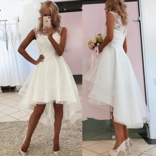 Simple Short Beach Wedding Dresses 2021 High Low O-neck Appliques Lace Sleeveless Cheap Boho Bridal Wedding Dress Formal Gowns