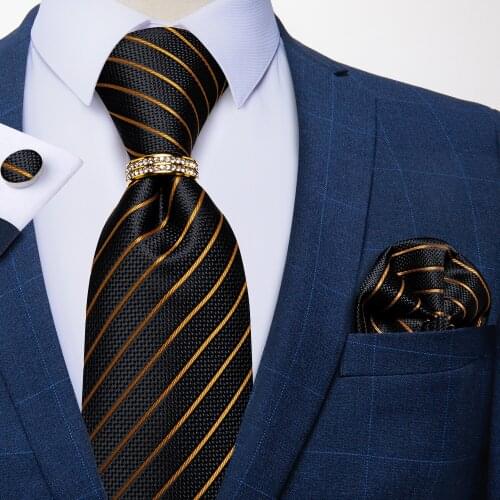 Luxury Gold Striped Mens Ties 8cm Business Formal Necktie Pocket Square Tie Rings Party Gravat Accessories Gift For Men DiBanGu