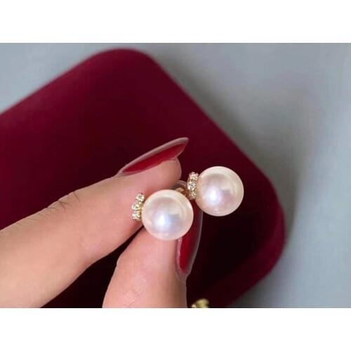 D806 Pearl Earrings Fine Jewelry Solid 18K Gold 8.5-9mm Nature Fresh Water White Pearls Stud Earrings for Women Presents