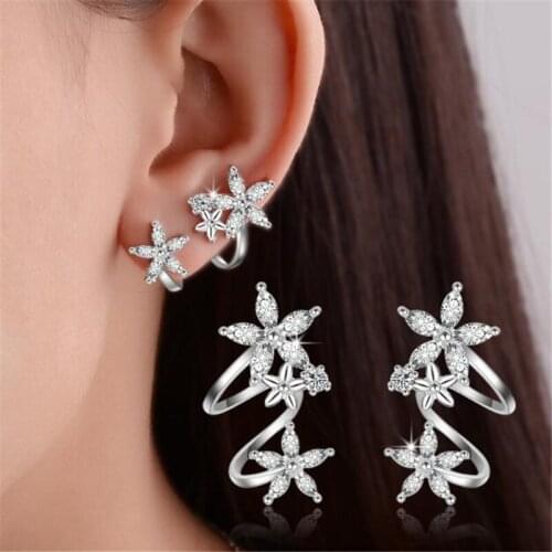 Bohemian Sweet Lady Ear Cuff For Women Girl Trendy Flower Curved Ear Clip Zircon Earrings Temperament Female Simple Earrings Ear