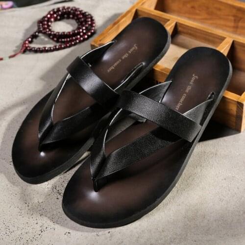 Men Slippers Beach Fashion Outside Mens Slippers Leisure Concise Genuine Leather Summer Flip Flops Sewing Men Shoes