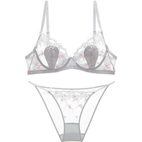 Sexy transparent embroidered underwear set mesh perspective seduction ultra-thin bra cover anti-shine cotton pad