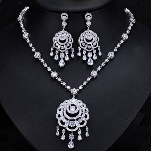 ThreeGraces Luxury Cubic Zirconia Stone Statement Wedding White Gold Long Tassel Necklace Earrings Jewelry Set for Women JS072