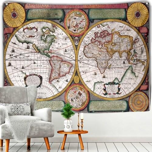 Medieval World Vintage World Map Geometric Colorful Compass Wall Hanging Tapestry Retro Oil Painting Pirate Treasure Home Decor