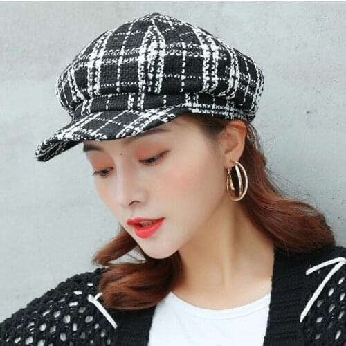 Retro Octagonal Cap Women Fashion Tweed Plaid Berets Hat Winter Adjustable Warm Newsboy Cap Hats Bakerboy Military Hats
