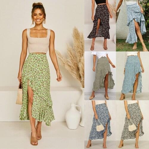 Fashion Floral Skirt Women Summer High Waist Irregular Beach Casual Midi Skirts Boho Elegant Vacation A Line Skirt Jupe Faldas