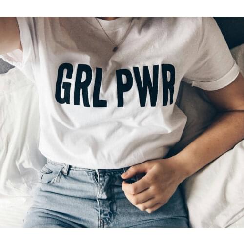 GRL PWR Print Girl Power Female T-shirt Feminist Shirts 90s Casual Tee Tops Womens T Shirt Clothes Streetwear