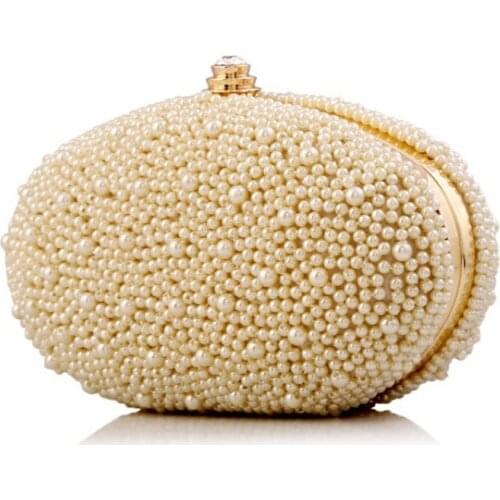Women Party Evening Fashion Pearls Studded Handbag Night Club Circular Clutch Bags Single Chain Shoulder Bag Small Crossbody Bag
