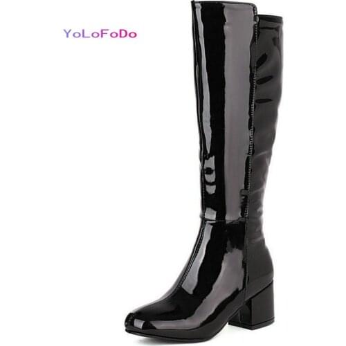 2021 Women Knee High Boots Patent PU Leather Square Heel Round Toe Ladies Calf Boots Side Zipper Dress Womens Boots Big Size