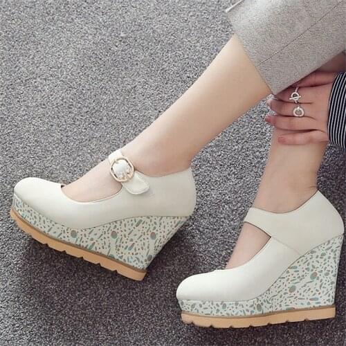 Mary Jane Wedge Shoes for Women High Heels Platform Ladies Spring Shoes Round Toe Party Dress Wedding Shoes Pink White Blue 33