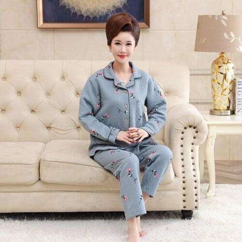 Womens Pajama Set Warm Pure Cotton Interlayer Pajamas Floral Sleepwear Homewear Thick Winter Female Pyjamas Suit Sweatshirt 3XL