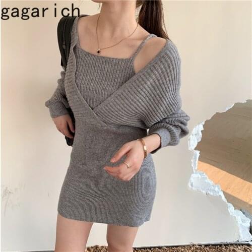 Gagarich Women Dress 2020 Winter Autumn Simple Casual Spliced Solid Square Collar High-Waist Designed Ladies Knitting Dresses