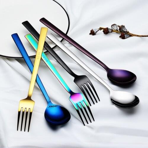 1pc Stainless Steel Dinnerware Square Handle Colorful Fork Spoons Dessert Soup Kitchen Tableware Cutlery Flatware Korean Style