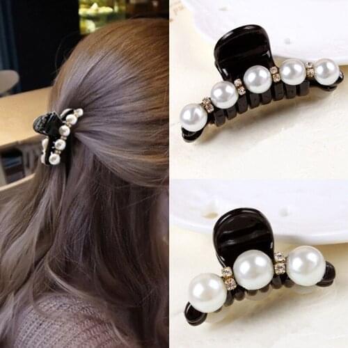 Hot Sale 1PC Black Crystal Pearl Rhinestones Hair Claw for Women Girls Shiny Elegant Hair Clip Accessories
