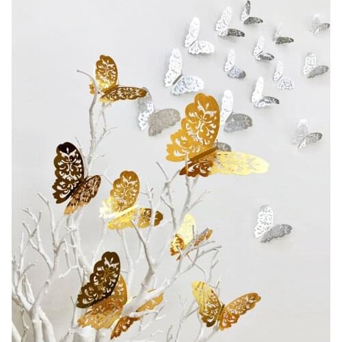 12pcs/Lot 3D Hollow Paper Butterfly Decals For Living Room Bedroom Wall Window Door Home Decor Metal Texture Creative Stickers