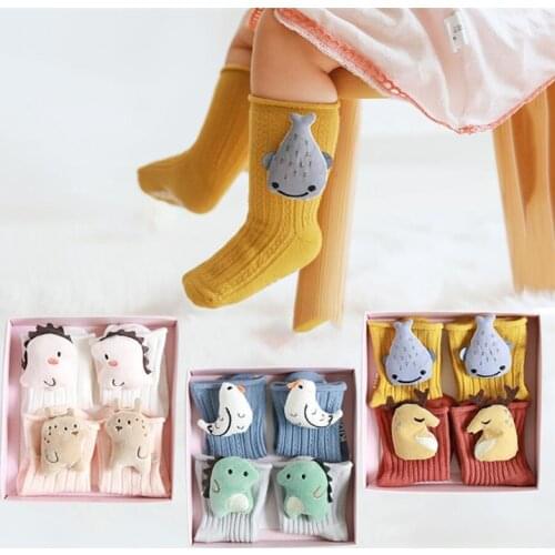 2Pairs/box Baby Socks Floor Non-slip Doll Cotton Cartoon Newborn Socks 2020 Spring Baby Girls Boys Soft Cute Dinosaur gift box