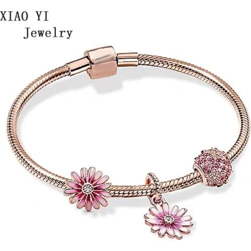 2020 new s925 Spring Pink flower rose color daisy hollow petals lovely sweet high quality fashion bracelet jewelry female