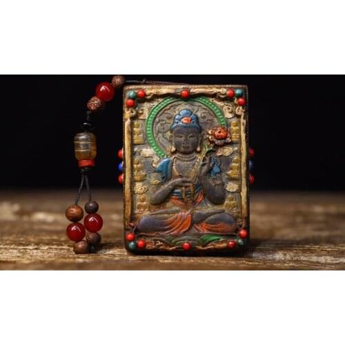3" Tibet Buddhism Temple Natural meteorite Inlaid gems Dzi Amulet Guanyin Avalokitesvara statue With magnetic pendant
