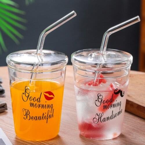 300ML Water Bottle With Straws Lid Reusable Glass Coffee Mugs Drinkware Outdoor Portable Coffee Drinking Cup