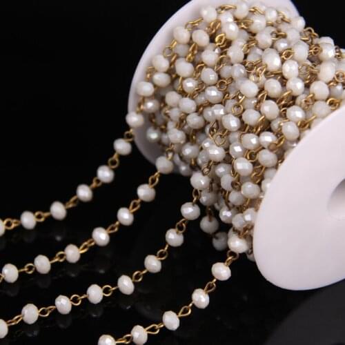 5Meters Faceted Beige Glass Rondelle Bead Rosary Chains supplies,Glass beads Wire Wrapped Brass Chains Necklace Jewelry Crafts