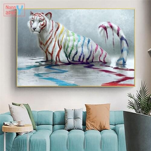 Abstract Oil Painting On Canvas White Tiger with Colourful Stripes Posters and Prints Wall Art Animal Picture Nodic Home Decor
