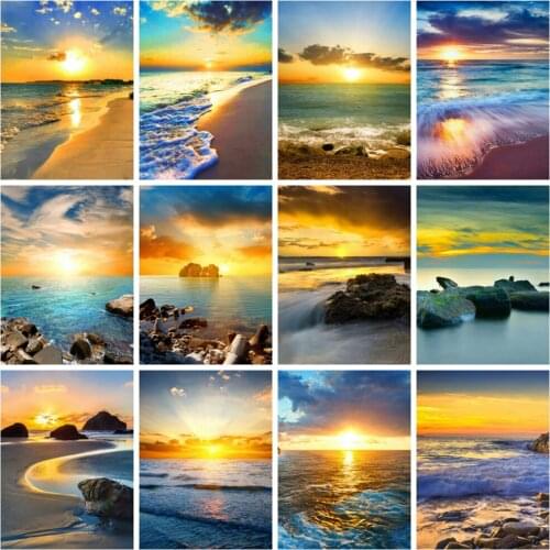 Huacan Diamond Painting Sunset Seaside Scenery Home Decor 5d Diy Mosaic Sea Embroidery Wall Stickers
