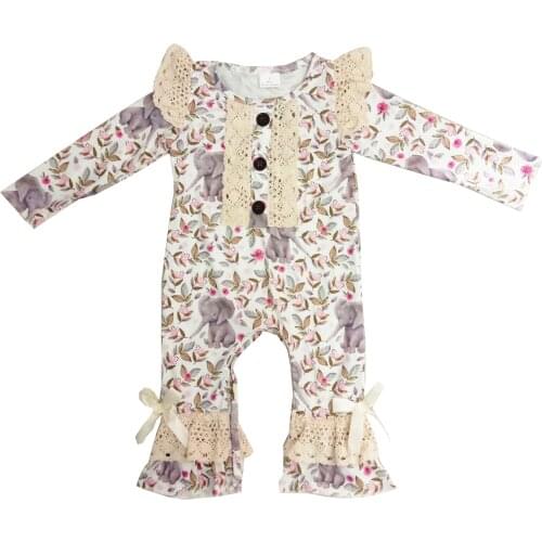 Kids boutique sibling clothing long sleeve elephant print romper for baby infant girls