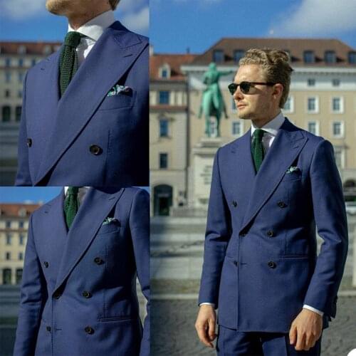 Double Breasted Mens Suits High Quality Navy Groom Wedding Blazer Tuxedos Prom Party Coat Formal Wear Outfits (Jacket+Pants)