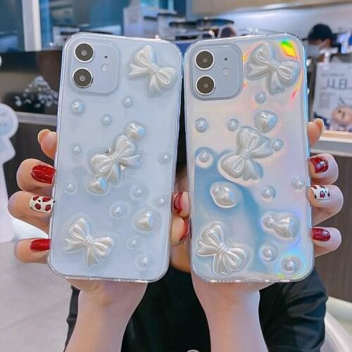 INS Cute 3D Bow Laser Card Phone Case for iphone 12 11 pro max XS XR 7 8 Plus 12mini SE 2020 X Soft TPU Transparent Cover Capas