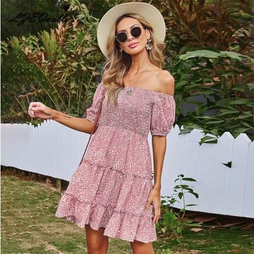LZEQuella Floral Print Ruffles Boho Mini Dress Women Summer Off Shoulder Backless Dresses High Waist Vestidos For Women NZ3502