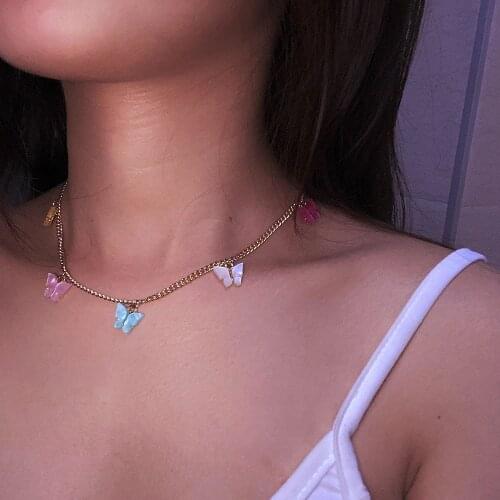 Fashion Acrylic Butterfly Tassels Necklace for Women Multicolour Candy Color Butterfly Clavicle Chain Choker Statement Jewelry