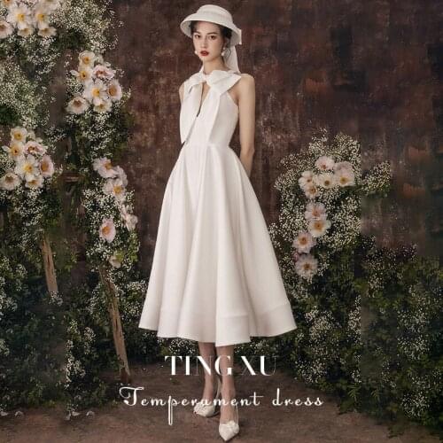 New Arrival Cocktail Dresses High Neck White Bow Temperament Sleeveless Tea-Length Dubai Arabia Vintage Evening Prom Party Gowns