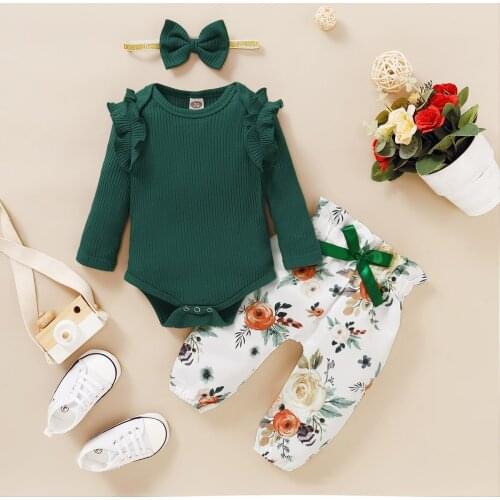 3pcs Spring New Arrival Baby Girl Sets Clothing Toddler Girl Costume Long Sleeve Baby Bodysuit Floral Print Trousers + Hairband