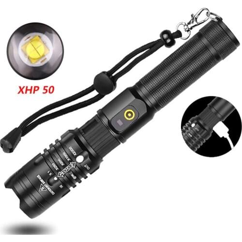 New Xhp50 Power Torch Outdoor Emergency Aluminum Alloy Retractable Zoom USB Charging LED Flashlight with Output