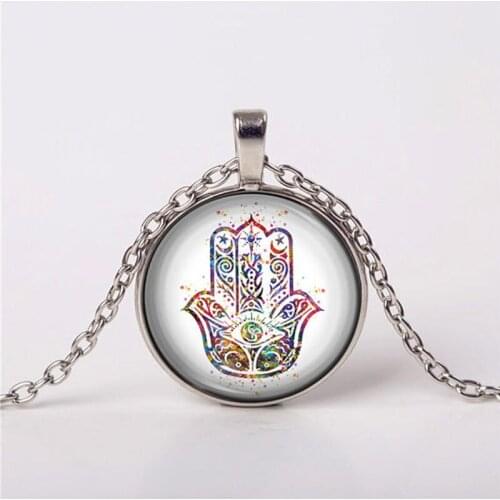 Wholesale Art Glass Cabochon Necklace Glass Hamsa Necklace Colorful Hamsa Hand Pendant Amulet Picture Necklace Jewelry