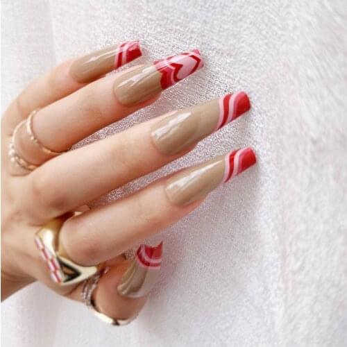 24pcs Cream Brown Nail Patch Red Heart Wave Printed Glue Type Removable Long Paragraph Fashion Manicure Fake Nail Patch SK88